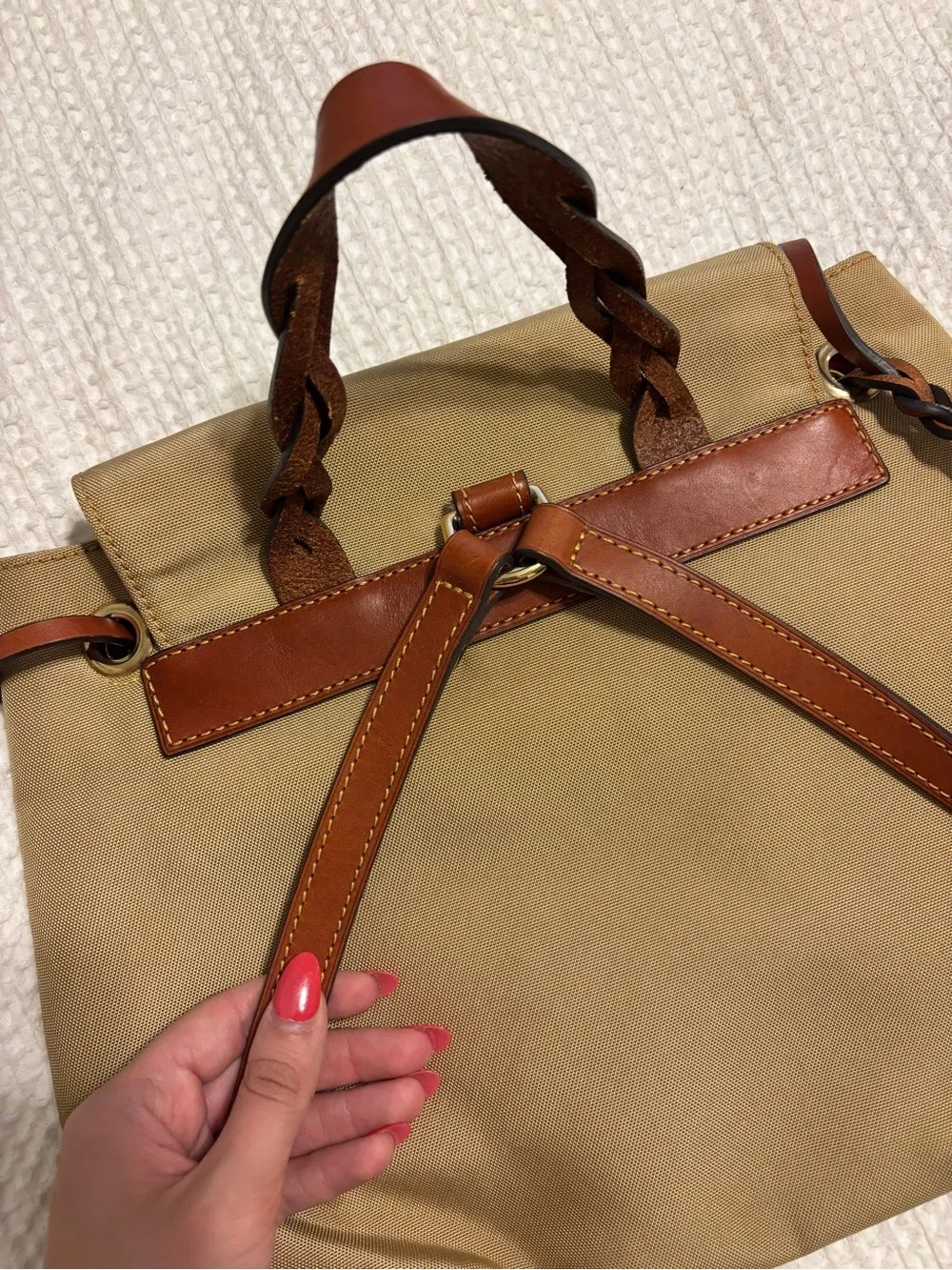 Dooney & Bourke Tan Canvas Backpack with Brown Leather Trim